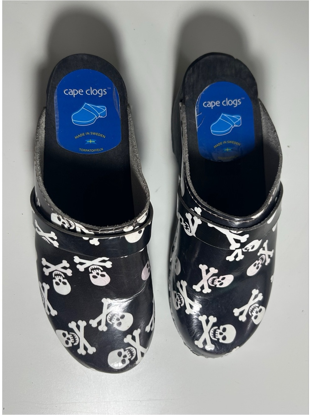 Cape Clogs Black White Skull Size 38 Made in Sweden Wooden Sole Artsy Comfort
